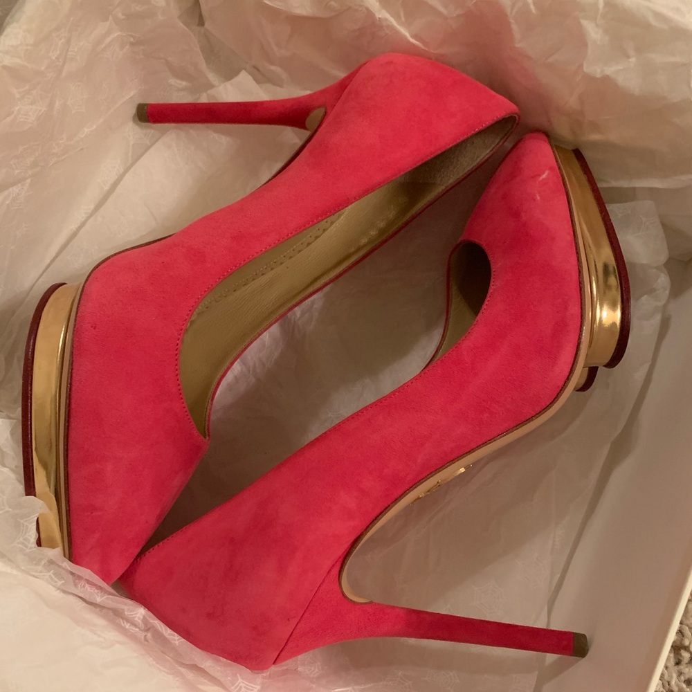 Charlotte Olympia Pink Suede Dotty Platform Pumps